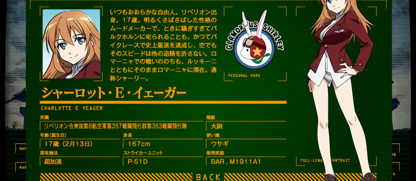 いつもおおらかな自由人。リベリオン出身。17歳。明るくさばさばした性格のムードメーカーで、ときに騒ぎすぎてバルクホルンに叱られることも。かつてバイクレースで史上最速を達成し、空でもそのスピードは他の追随を許さない。ロマーニャでの戦いののちも、ルッキーニとともにそのままロマーニャに滞在。通称シャーリー。