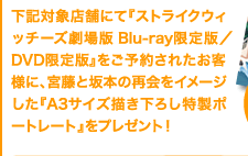 下記対象店舗にて『ストライクウィッチーズ劇場版　Blu-ray限定版／DVD限定版』をご予約されたお客様へ、宮藤と坂本の再会をイメージした『A3サイズ描き下ろし特製ポートレート』をプレゼント！